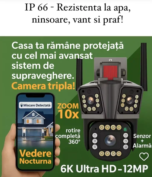 Cameră de Supraveghere Exterior cu 3 Lentile, 12MP, Zoom 10X, Viziune Panoramică 360° - imagine 2