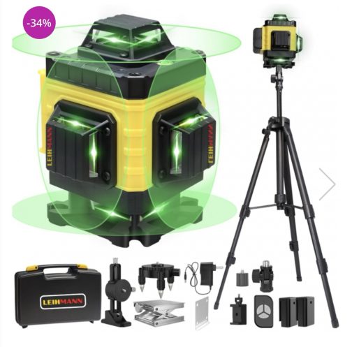 Nivela Laser Verde 4D – 16 Linii Precise, Autonivelare, 2 Acumulatori, Trepied Reglabil și Telecomandă