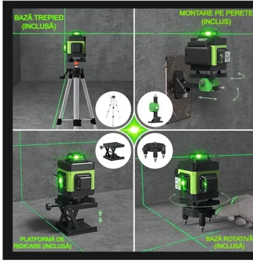 Nivela Laser Verde 4D – 16 Linii Precise, Autonivelare, 2 Acumulatori, Trepied Reglabil și Telecomandă - imagine 3