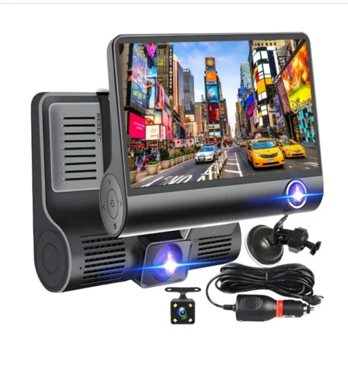 Cameră Auto Triplă Full HD – Față, Interior și Spate, Ecran 4", Design Tip Monitor, Negru