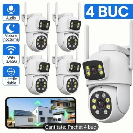Set 4x Camere de Supraveghere Duble WiFi, 2 Camere (Fixă și Mobilă), Ultra HD 4K 6MP, Zoom 10X, Vedere Nocturna